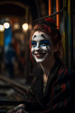 hyper real oil painting portrait of posing laughing dreaming harlequin in cable trolley in goth ruins background, zeiss prime lens, bokeh like f/0.8, tilt-shift lens 8k, high detail, smooth render, down-light, unreal engine, prize winning