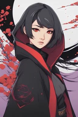 Asian Woman in her thirties with short lavender hair, red eyes, wearing a black cloak and futuristic black clothes, holding ninjato, Japanese background, RWBY animation style
