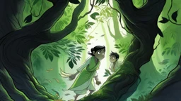 In this poignant and surprising chapter, the hero or heroine suddenly stops among the trees of the forest, and notices a small figure appearing among the leaves and branches. A young jinn appears before them, with an expression on his face that reflects an urgent need for help. The little jinn stands out in bright but light colours, and its eyes shine with a strange sparkle. There may be glimpses of fear and astonishment on the face of the hero/heroine, but this feeling soon changes to sympathy