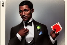 Dashing black man in a suit, holding a deck of cards. There's a young fey dragon with him.