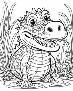 create a 2d black outline, "safari smiling cartoon crocodile coloring book for toddlers", coloring page, low details design, black contour, coloring page design, simple background, colorful , card style, coloring page for kids, white background, sketch style, safari landscape, cartoon style