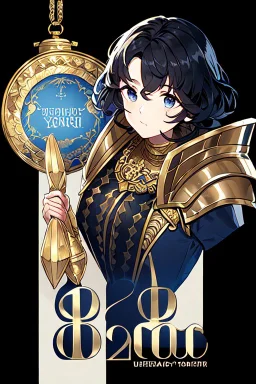 A handsome 30 year old knight, black hair, dark blue eyes, wavy haircut, in black-and-gold plate armor, no beard, european, portrait