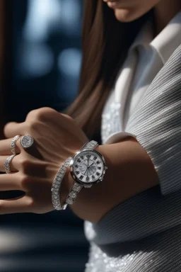 A stylish woman's wrist adorned with a stunning diamond-studded watch that perfectly complements her elegant attire.