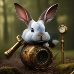 Forest in steampunk rabbit, extremely detailed, UHD, 8k,The close-up camera effect,sharp focus,perfect,position,hyperphotorealistic