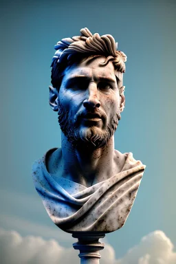 Ultra Realistic image, roman sculpture, white marble material, Lionel Messi, Laurel leaves wreath, miguel angel style, chisel style, emperador, waist up portrait, epic, celestial, cinematic lighting, God light, god rays, 4k resolution, smooth details, ornate details, soft lighting, unreal engine 5, sky and clouds background.