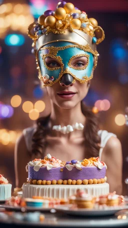 portrait of cute woman muzzled with a cake mask filled with shiny goodies, baker of the highest advanced art cake sculpture during a casino game show, bokeh like f/0.8, tilt-shift lens 8k, high detail, smooth render, down-light, unreal engine, prize winning