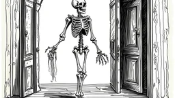 A skeleton, perhaps two, marching forward through a door. Perhaps a cloaked figure is nearby, watching them and controlling them.