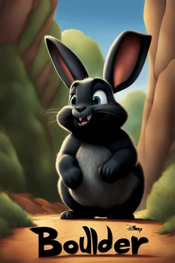 Movie poster for a Disney-Pixar film called "Boulder". It is about a thick black rabbit.