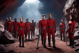 sci-fi enslaved in a mine, five prisoners, man, woman, Star Trek red-shirt, is mining in terrible conditions, they use dusty and rusty high tech tools