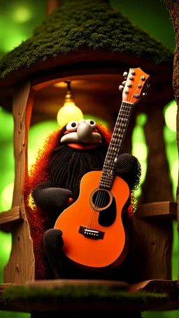 portrait of hairy rock guitar ninja carrot living inside a tree house in a hollow huge tree growing light bulbs, singing into ornate studio mic,bokeh like f/0.8, tilt-shift lens 8k, high detail, smooth render, down-light, unreal engine, prize winning