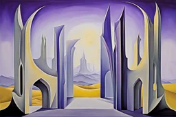 a surreal open gothic_arab gate in a glass wall with a view of a desolate landscape, thick fog,storm, by artist "Leonora Carrington",by artist "Zaha Hadid",by artist "Escher",These colors are bold, vibrant, and intense, including shades of colors such as purple, blue, and yellow.