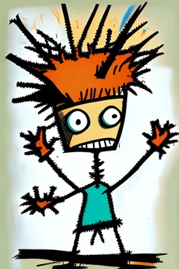 2d drawing of a stickman, cool with punk hair, x eyes like in hangman, both arms in air, showing piece sign,3d realistic in colour