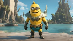 a minion dressed as aquaman from marvel Fused as one, Full Body, (Smile), Unreal Engine, Marvel Comics. time-lapse, cinematic background,1 character,no mask,body minion,smile,cute,backgroun lighting,one picture