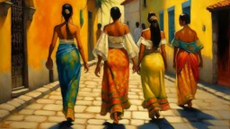 5 mexican woman walking away full body from the back zoom the sun painting neoclassism