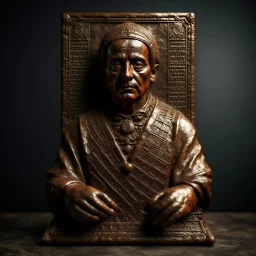 Create an image of old portrait statue copper with strange runes