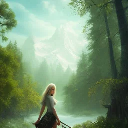 Insanely beautiful girl, sunny, relaxing, mountain, trees, glossy, real details, hyper ultra photo realistic, fantasy art, glowing landscape, 8k