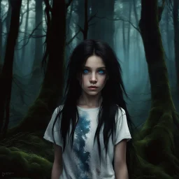 12 year old girl with dark tangled hair and blue eyes wearing a ripped and dirty white teeshirt, in a forest , photorealistic, dark fantasy