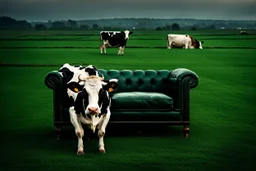 A cow sitting on an armchair in large dark sidt green field