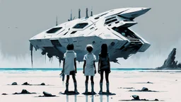 ((three)) determined cyberpunk kids (wearing white khiton) standing in front of a spaceship wreck on a radioactive beach, three women, acrylic painting, minimal art, centered, wild sparse brushstrokes, amazing verticals, great parallels, low bleak colors of gray, blue and black, excellent negative space contrasts