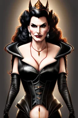 painting of lisa ann as evil queen in black leather, feminie, angry, stern look on her face, volouptous, busty, cleavage, emperious, mature, highly detailed, digital painting, artstation, concept art, smooth, sharp focus, illustration, art by gaston bussiere and alphonse mucha