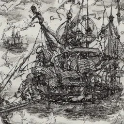 Skeleton pirates on a big, scary ship, artistically