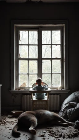 A baby sitting on baby’s eating chair in front of a big window in an abandoned damaged room , a cat out side the widow looking at him , his mother is lying on the front dead
