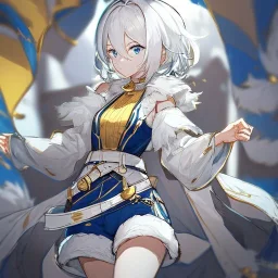 Clear focus, High resolution, rough line sketch art, short fluffy white hair, hair between eyes, fluffy hair, blue eyes, wearing a sleeveless shirt, wearing shorts, detailed outfit, lots of details, bow on belt, white belt, white and blue everywhere on outfit, cut sleeve, yellow chains around outfit