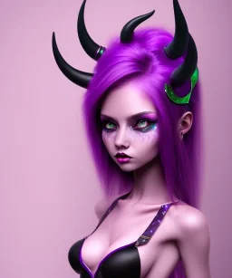 cute purple haired devil girl with bright green eyes and black horns on her head wearing a purple/pink dress