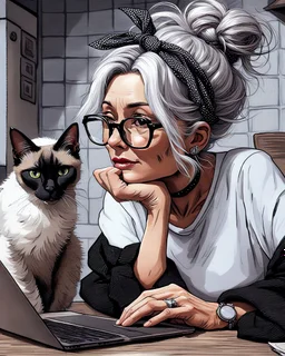 Whimscal a middel-aged women with silver hair in a little messy bun and black and white bandana with knot and glasses, wearing white tshirt and an unbuttoned black sweater, she sits on a chair behind a table where she has her laptop, She leans her chin in her hand and looks into her laptop, her Oriental shorthair Siamese cat put her paws on the tabletop, bg a kitchen, wet oil sketch on canvas.