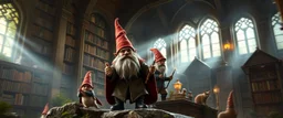 master oil painting by Rembrandt, magia spy gnomes soap opera poster, huge multi level archeive, library, woodland creatures, motion blur, background mist, light beam from windows