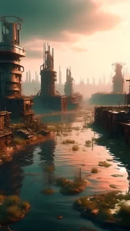 After the greenhouse effect, The city of 2023, polluted city, A bunch of factories, polluted water. Surreal, wonderful craftsmanship, depth of field, sharp focus, unique art, 8k, mysterious