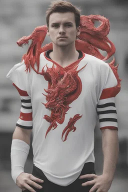 white football jersey with a red dragon mascot