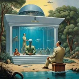 [art by Norman Rockwell] Klaatu, the extraterrestrial being from "The Day the Earth Stood Still," is now on Earth, assisting humans in building a house to live underwater. The walls are reinforced with materials unknown to Earth, providing strength and protection against the ocean's immense power. As the house nears completion, the humans marvel at the thought of living beneath the waves, surrounded by the beauty and danger of the deep sea.