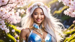 Portrait of a gorgeous smiling asian goddess with a golden dark skin, long smooth white blueish hair, blue eyes, in a sci-fi outfit with luminous strikes in a hill of flowers with sakura trees, a small torrent, loads of mini flowers, moss, sun rays through the branches, particles in the air at spring