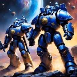 Clad in power armor that gleams with otherworldly sheen, the Space Marines , these mighty warriors prepare to embark on their interstellar vessels, they stand ready to fulfill their duties of shipboard security and combat in the depths of space. n this cosmic tableau painted in the style of a visionary space artist, the Space Marines epitomize the fusion of futuristic technology and timeless warrior ethos.