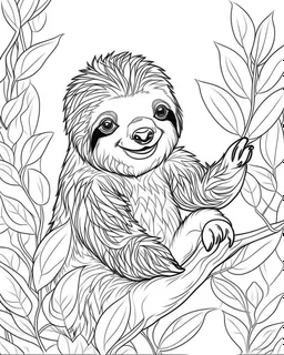 create a 2d black outline, "safari smiling cartoon sloth on a branch coloring book for kids", coloring page, low details design, black contour, coloring page design, simple background, colorful , card style, coloring page for kids, white background, sketch style, safari landscape, cartoon style