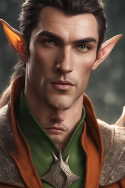 handsome elf man, with pointed elf ears, with a serious look