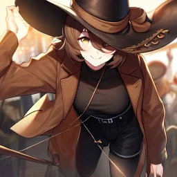 Clear focus, High resolution, short brown spiky hair, hair between eyes, eyes closed, wearing a brown detective hat, wearing a brown jacket and a black shirt, wearing black shorts, 1girl, pulling hat down, smiling