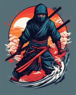 illustration for t-shirt design of a japanese Ninja, vector illustration, optimize for bold lines, vibrant colors suitable for printing, centered, isolated, illustration, vibrant.