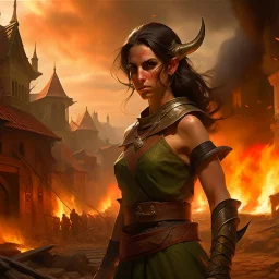 a beautiful dark haired tiefling woman in a sleeveless battle outfit, amidst town ruins with fires burning, photo quality