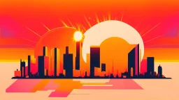 minimal design,shapes, synthwave, synthwave sun, synthwave city, simple,iconic:1.8), Explosion of color in city, comic style