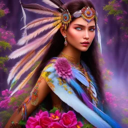 bright native american fairy, beautiful portrait, flowery landscape