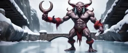 full body minotaur psionic gremlin illithid santa gremlin in threatening pose in swimsuit on ice stone bridge, in front of mirror