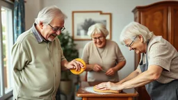 Elderly pensioners polishing furniture. Everyone is happy. Photographic quality and detail, award-winning image, beautiful composition.