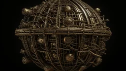 steampunk sphere with tubes, pipes, and wires floating in deep space, detailed