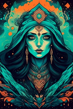 create an abstract impressionist, ethereal, darkly magical lithographic print illustration of an epic female Andalusian sorceress with highly detailed and deeply cut facial features