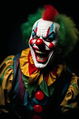 creepy clown angry laughing, dark theme, soothing tones, muted colors, high contrast