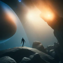 man in chapel floating up into the galaxy, lights, fog, detailed, realistic, 4k, hi def