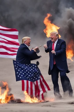 donald trump burns the american flag while maniacally laughing