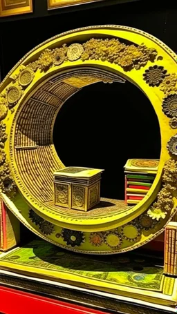 Circle upstairs of antique books going to a falling moon, diorama in they style of Pablo picasso